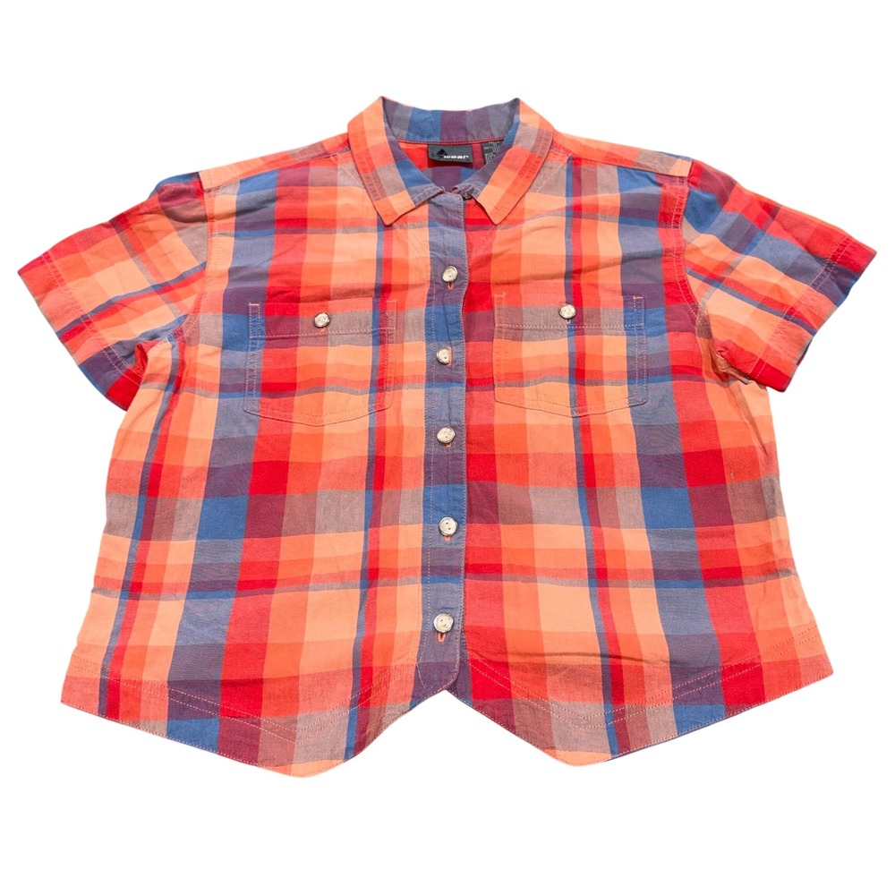 Plaid Short Sleeve Button Up Vintage Womens PM Orange Lizwear Petite